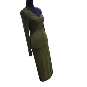 The Range Henley Rib Knit Long Sleeve Midi Dress Button Down Green Small